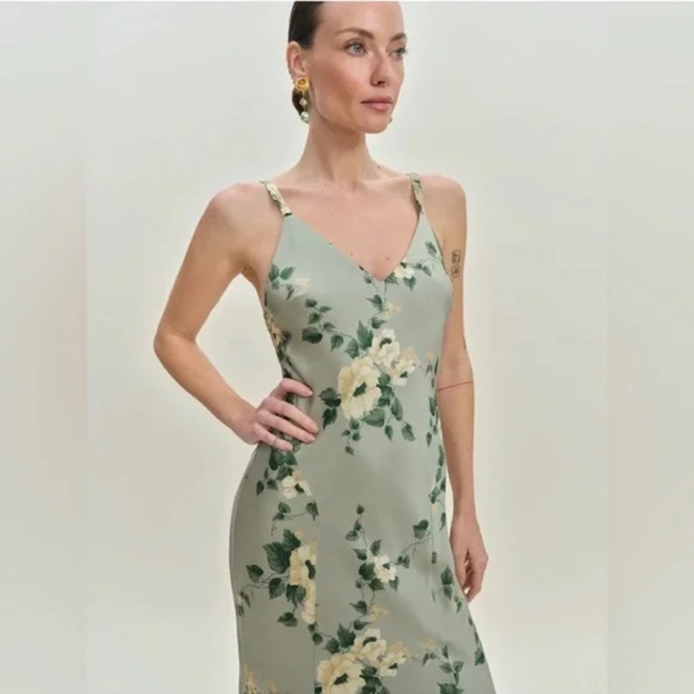 Reformation Tyler Satin Dress Gown Size 4 Shade Green - Picture 4 of 5